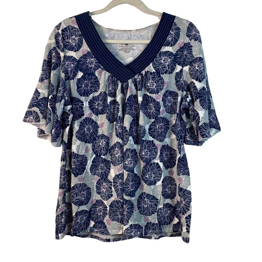 Bamboo Traders Spring Summer Blue Gray Floral V-neck Short Bell Sleeve Top XL